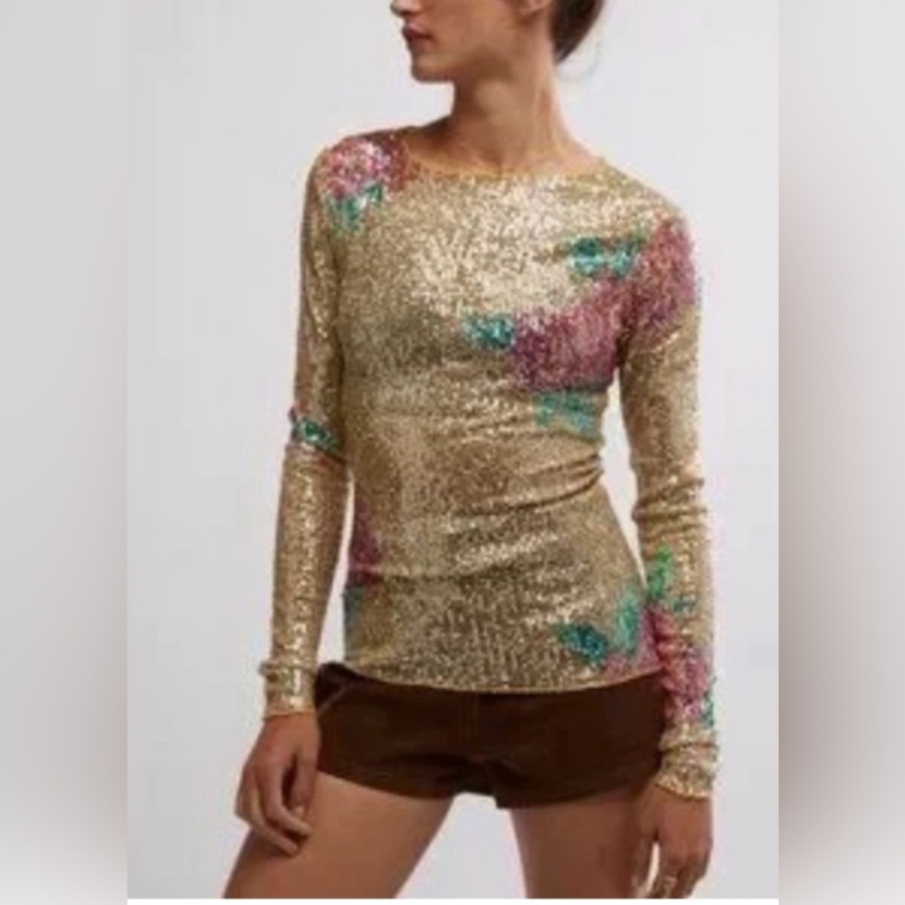 FP Free People Printed Gold Rush Long Sleeve Sz XS NWT